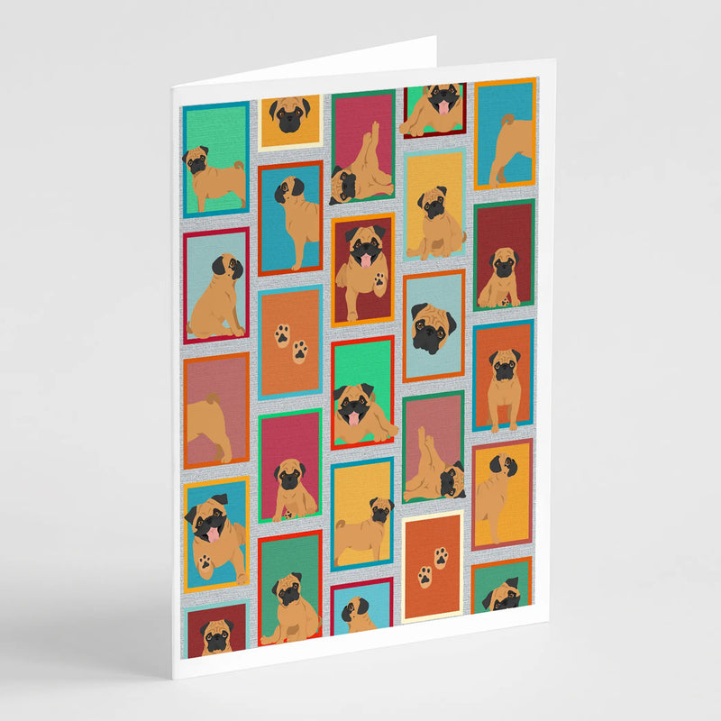 Colorful pug-themed greeting card with a collage of playful pug illustrations on a white background.