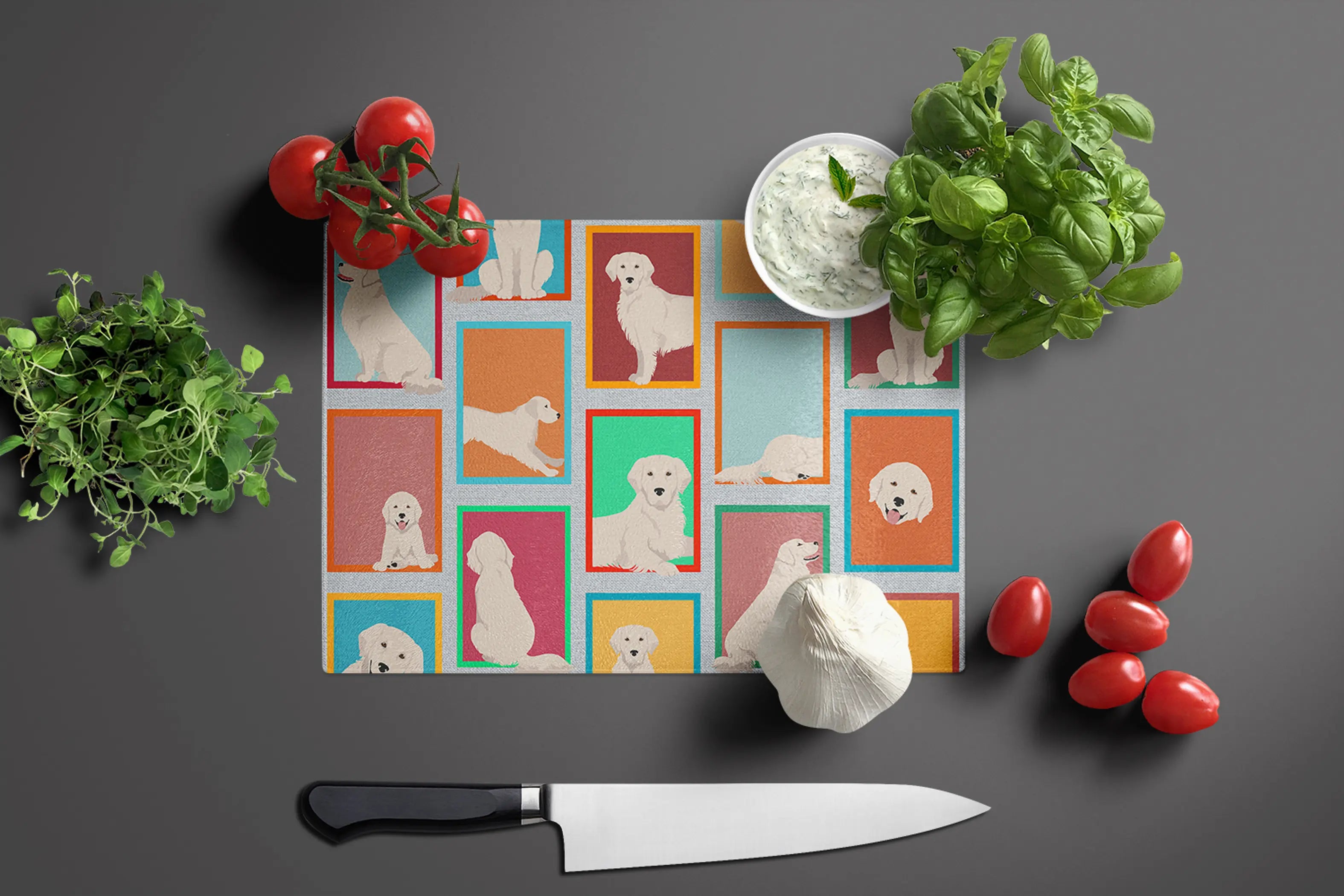 Lots of Cream Golden Retriever Glass Cutting Board Caroline's Treasures
