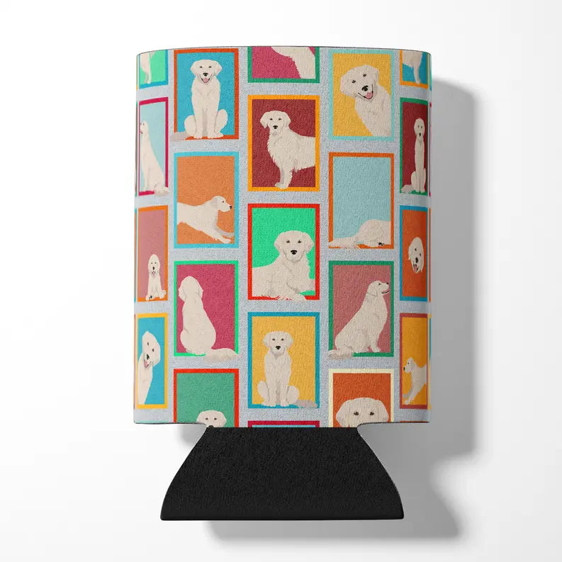 Colorful dog-themed lamp shade featuring golden retrievers in frames on a white background with a black base.