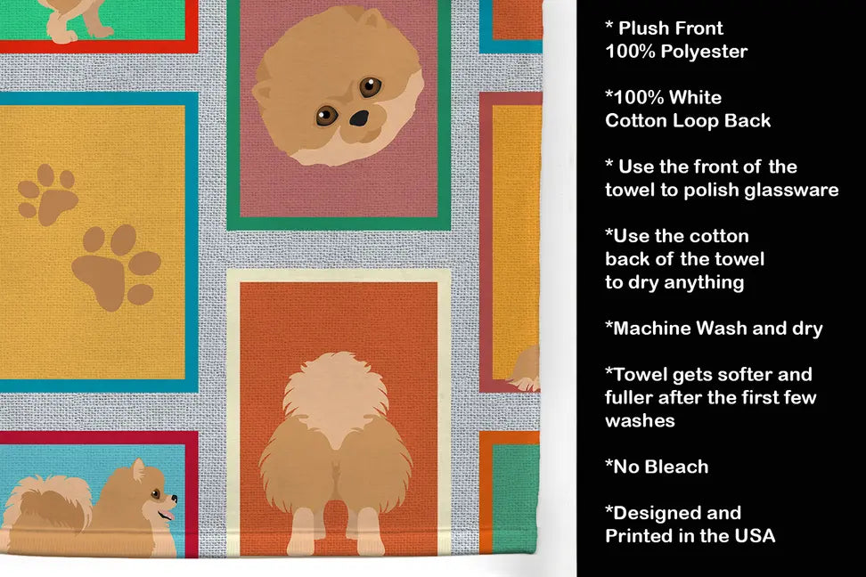 Colorful plush polyester towel featuring Pomeranian illustrations, ideal for polishing glassware and drying tasks.