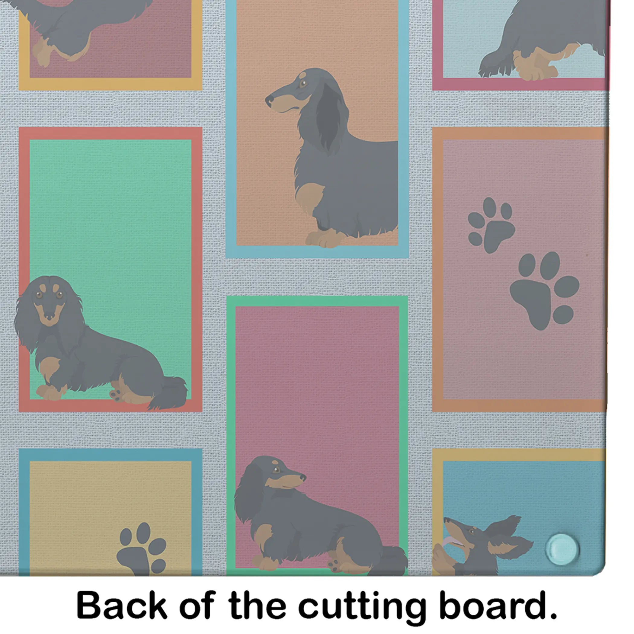 Colorful dachshund design cutting board featuring pastel backgrounds and paw prints, perfect for dog lovers.