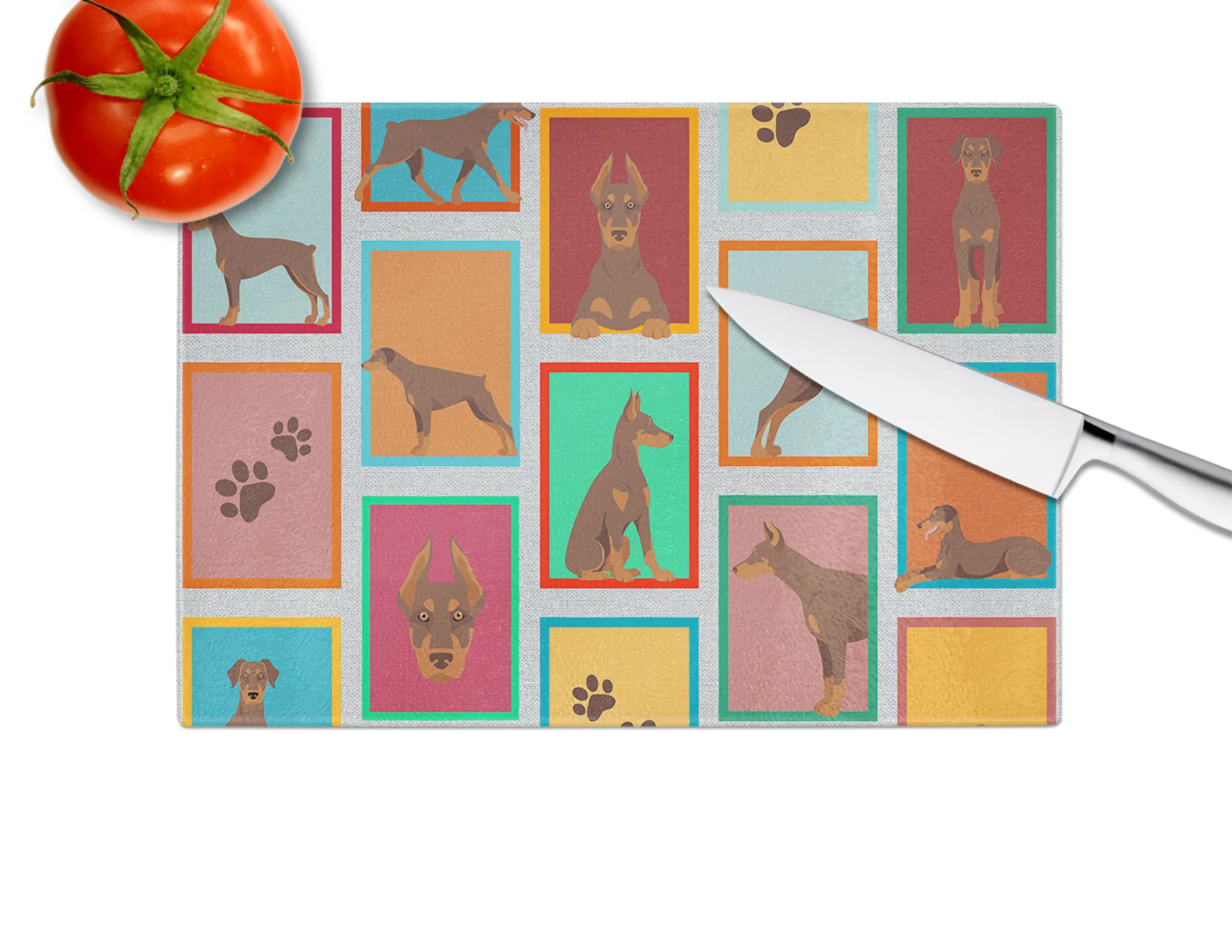 Lots of Red Doberman Pinscher Glass Cutting Board Caroline's Treasures