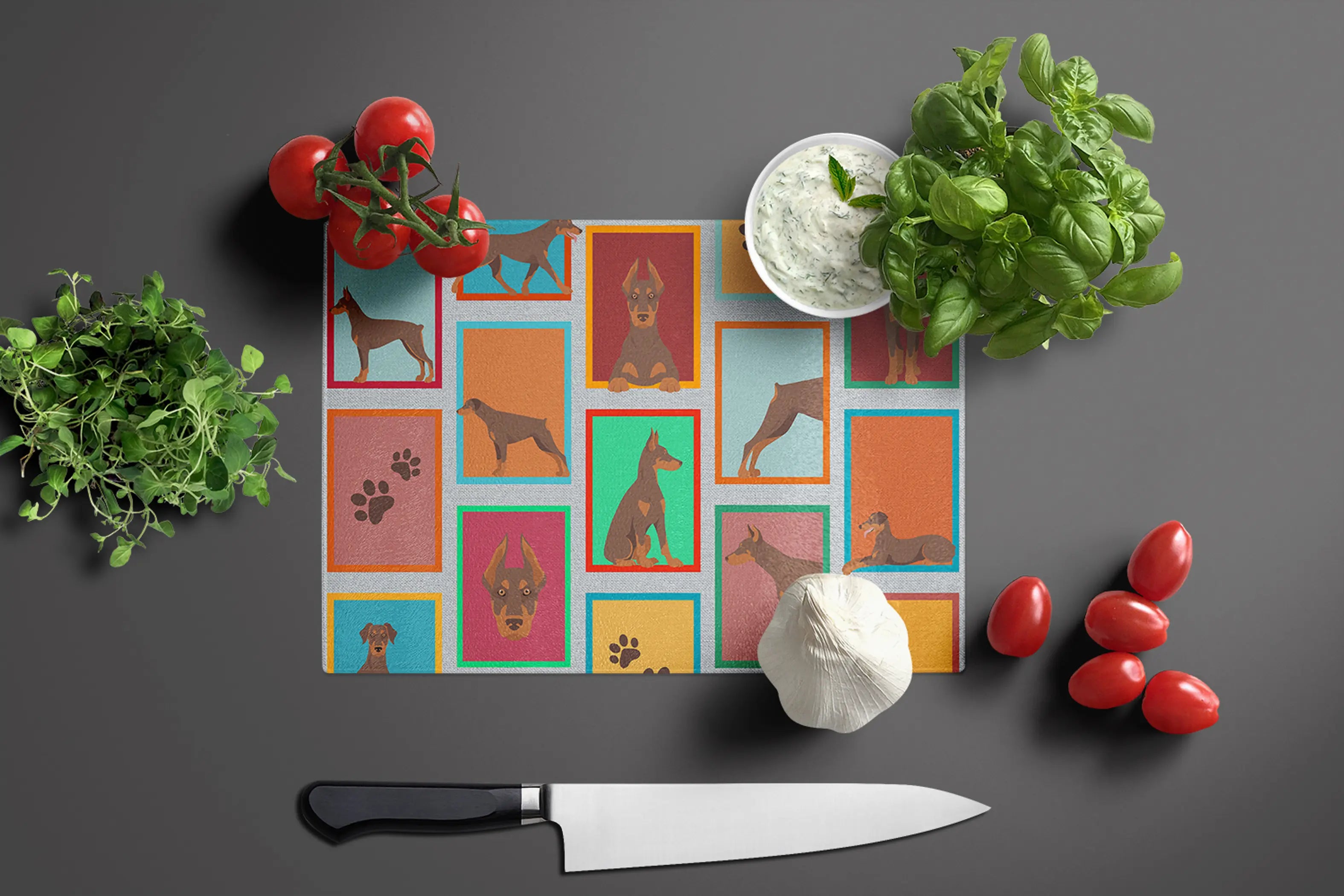 Lots of Red Doberman Pinscher Glass Cutting Board Caroline's Treasures