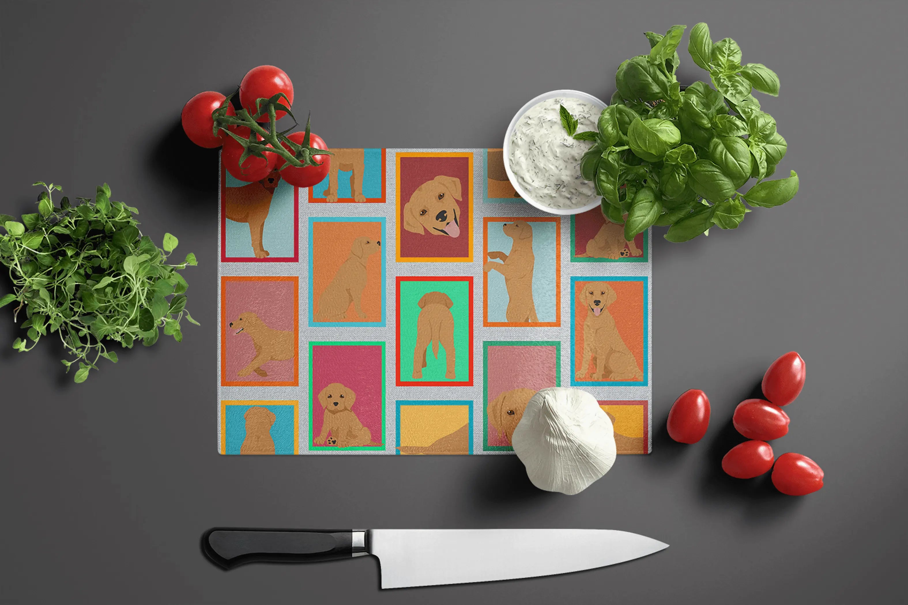 Lots of Red Fox Labrador Retriever Glass Cutting Board Caroline's Treasures
