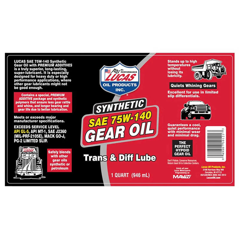 Lucas Oil Synthetic Sae 75w-140 Transmission/differential Lube - 1 Quart LUCASOIL