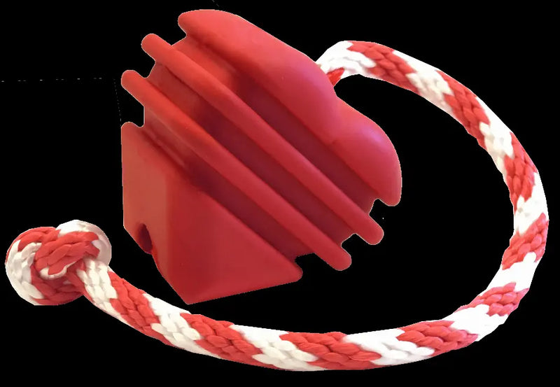 Red silicone pet toy with white and red braided rope, designed for durable fetch play.