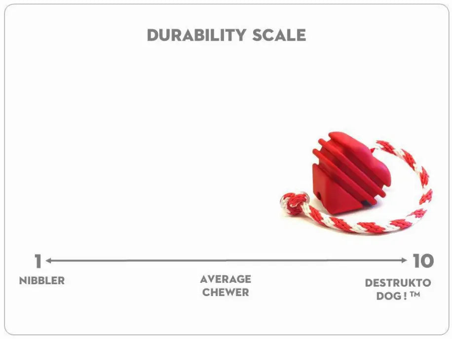 Red rubber dog toy with a rope, designed for extreme durability, rated 10 on the durability scale for heavy chewers.