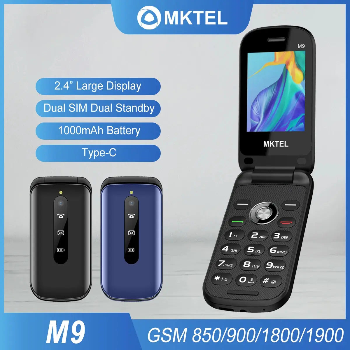 MKTEL M9 Flip Mobile Phone 2G 2.4" Display 1000mAh Battery Dual SIM Dual Standby MP3/MP4/FM Radio Unlocked Elderly Feature Phone GreatEagleInc