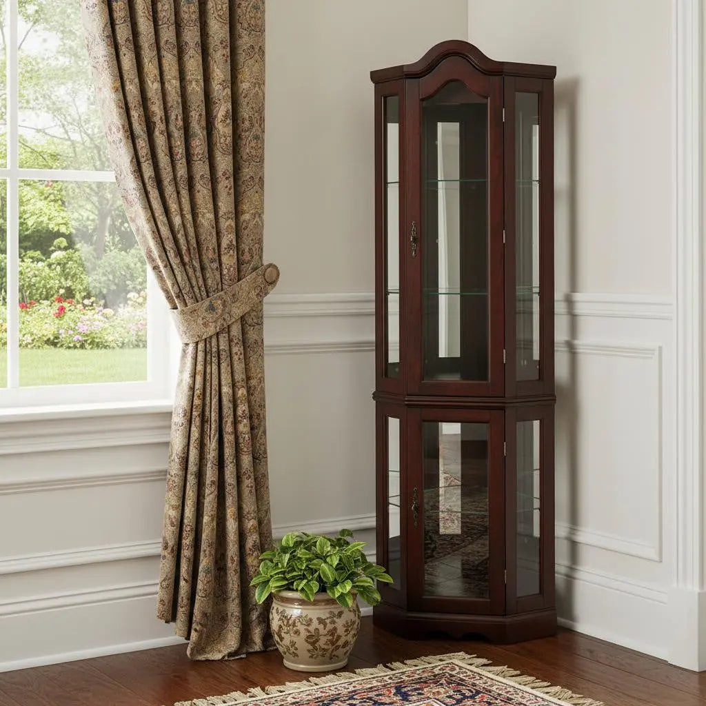 Mahogany Scallop Top Lighted Corner Curio Cabinet Homeroots Kitchen & Dining