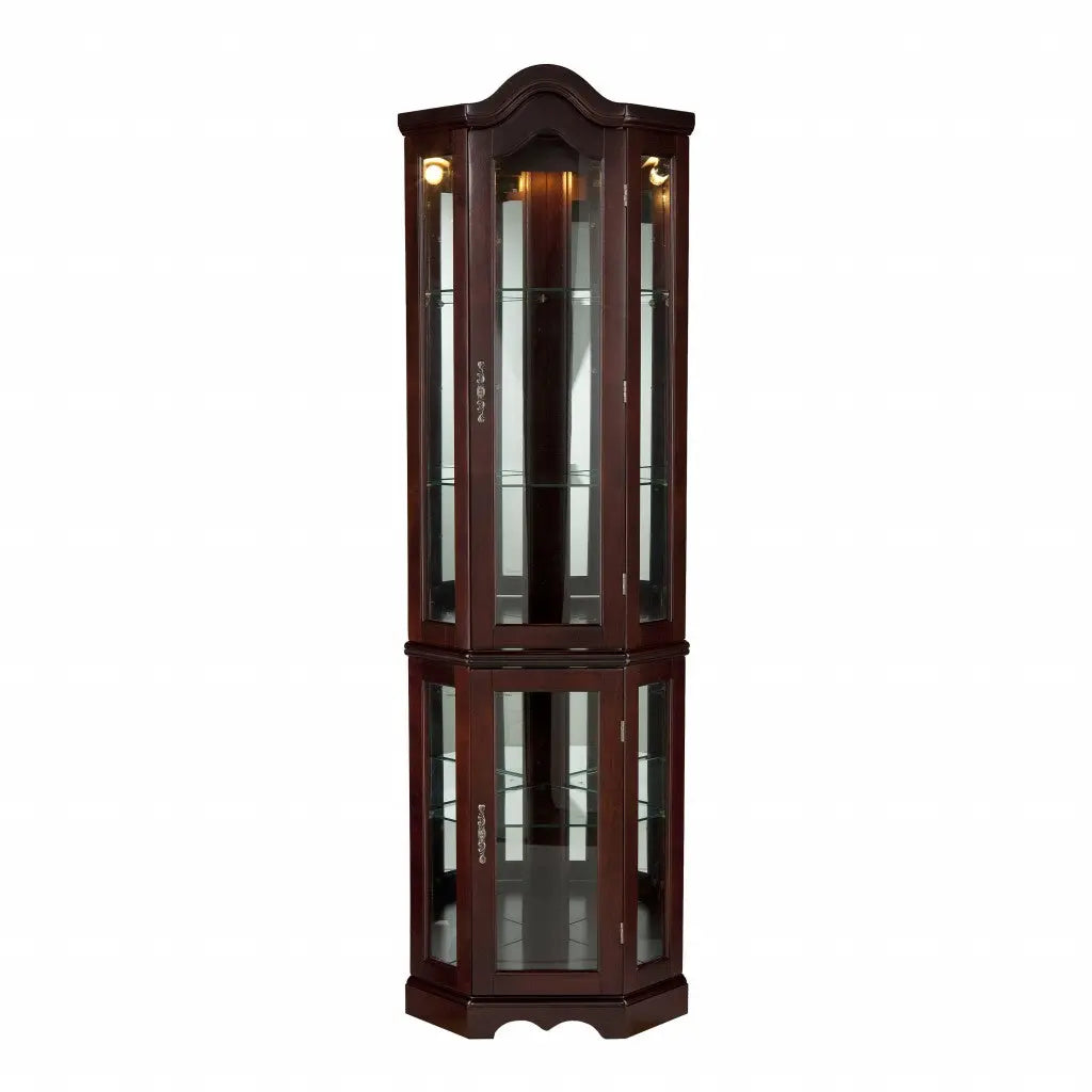 Mahogany Scallop Top Lighted Corner Curio Cabinet Homeroots Kitchen & Dining