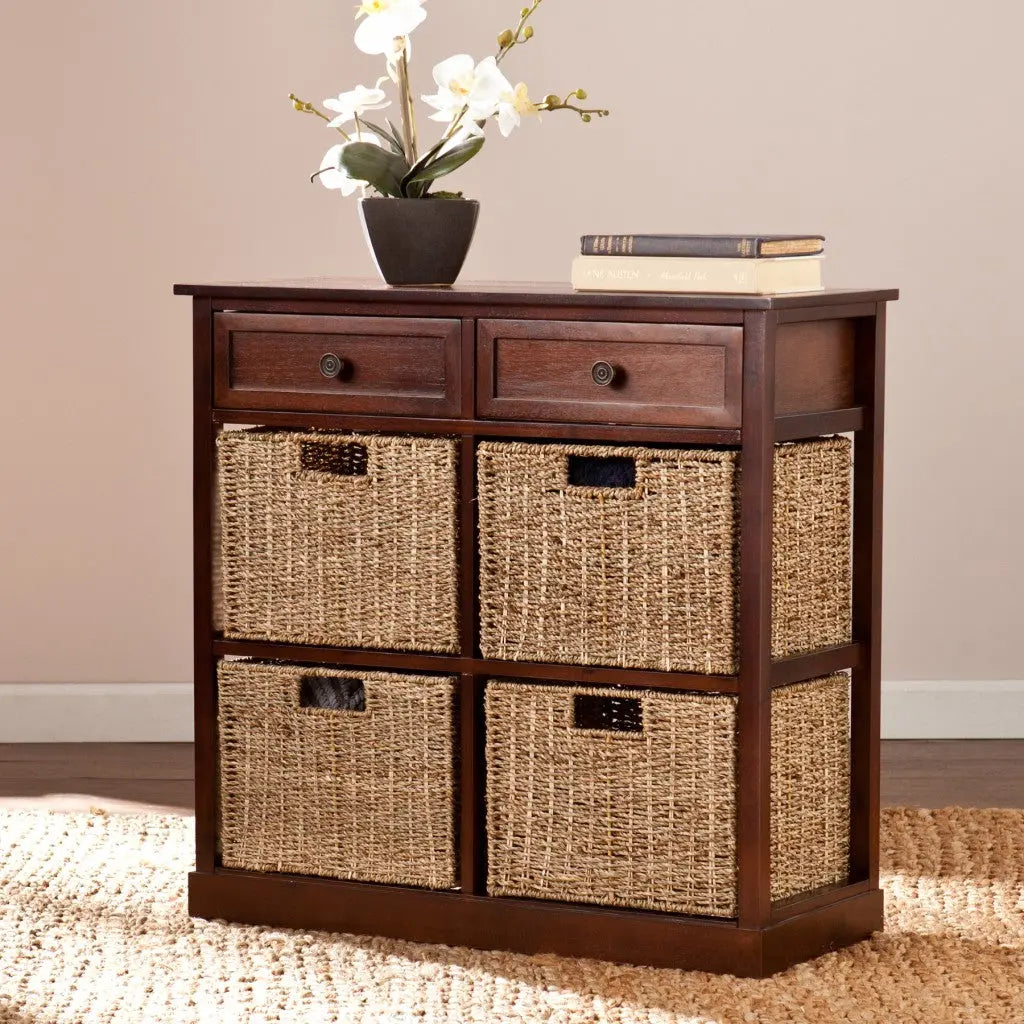 Mahogany and Seagrass Basket Storage Shelving Unit Homeroots Kitchen & Dining