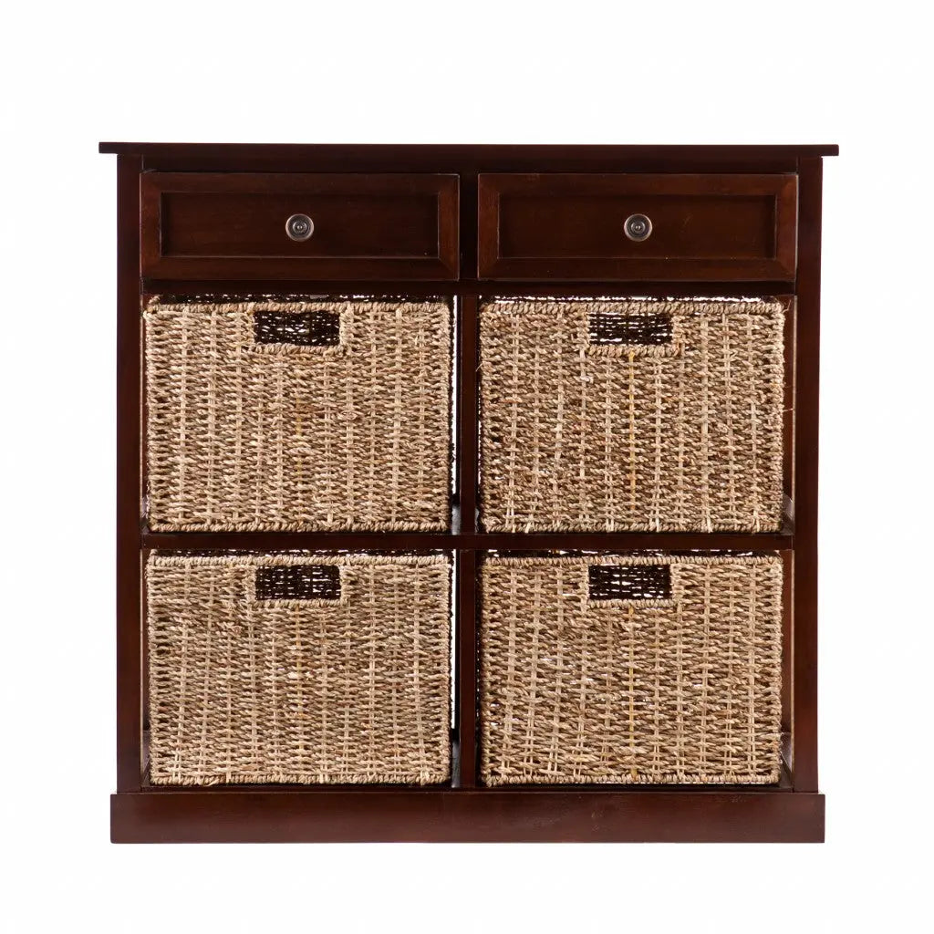Mahogany and Seagrass Basket Storage Shelving Unit Homeroots Kitchen & Dining