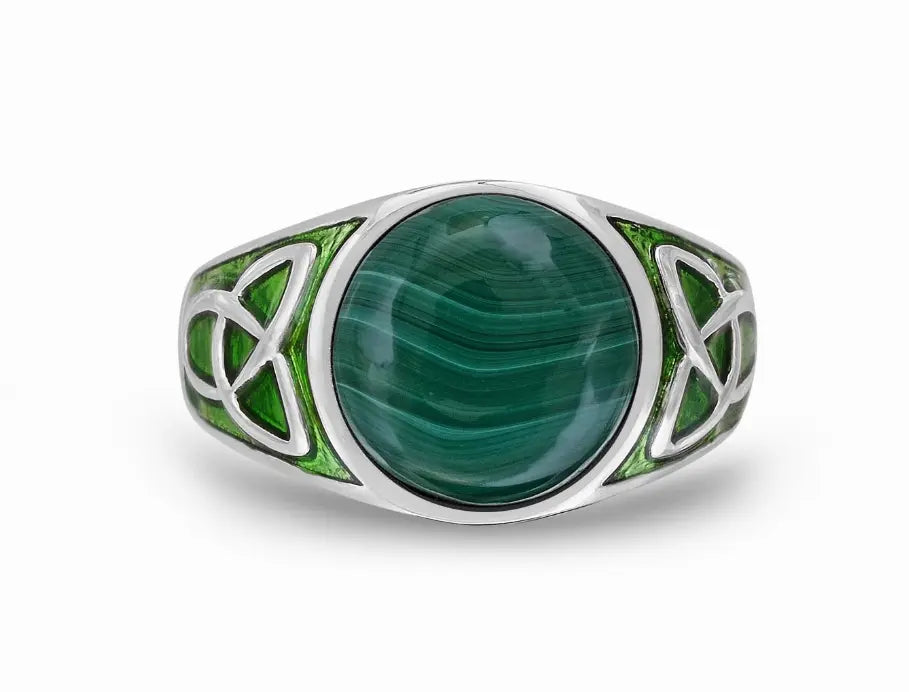 Malachite Cabochon Flat Back Stone Signet Ring in Sterling Silver with Enamel Luv My Jewelry