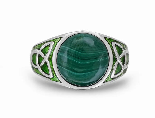 Malachite Cabochon Flat Back Stone Signet Ring in Sterling Silver with Enamel Luv My Jewelry