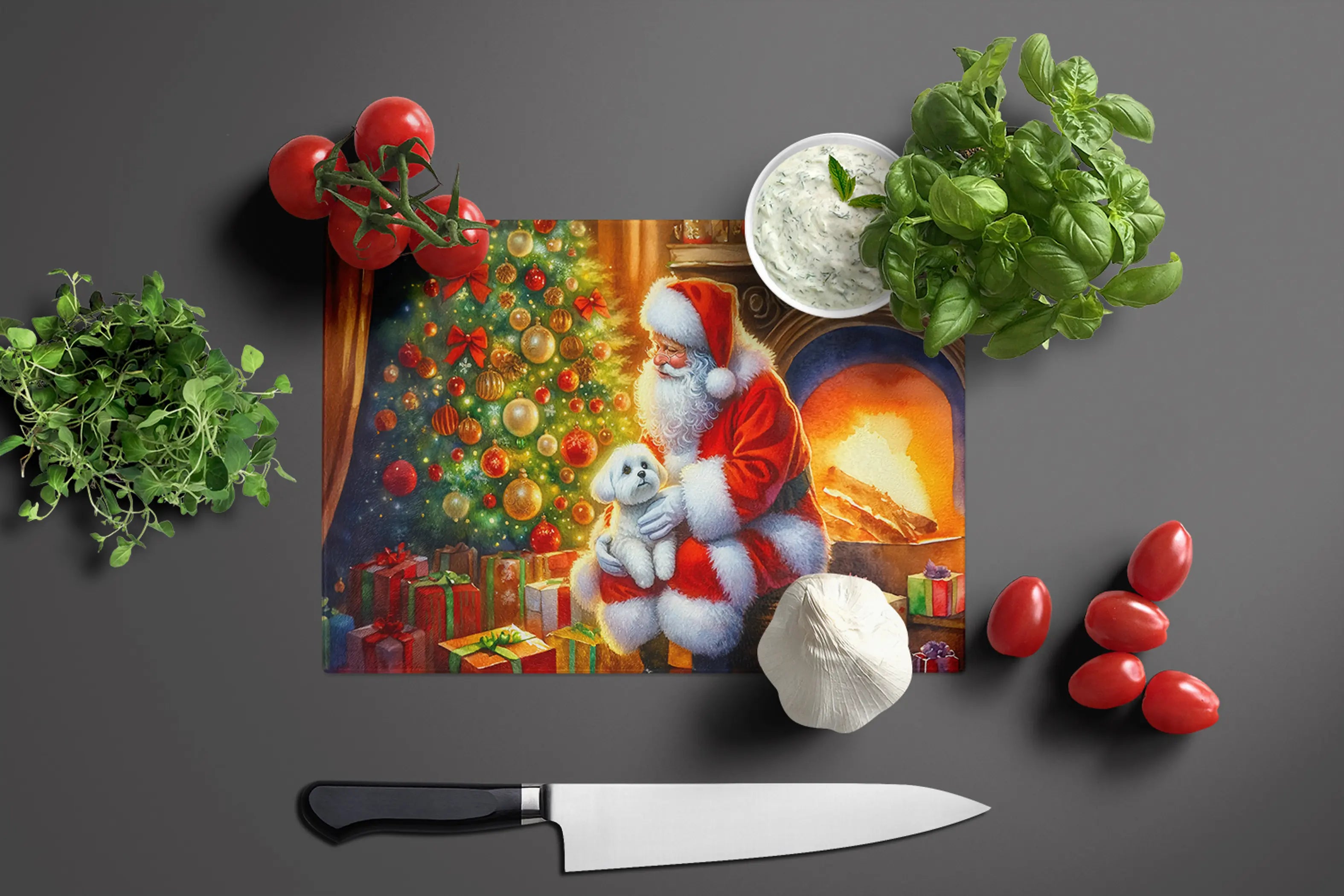 Maltese and Santa Claus Glass Cutting Board Caroline's Treasures