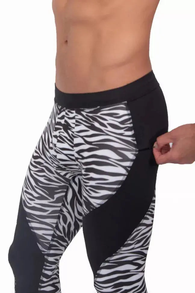 Men's black and white zebra print leggings, stretchy fabric, athletic fit, side pocket for convenience.