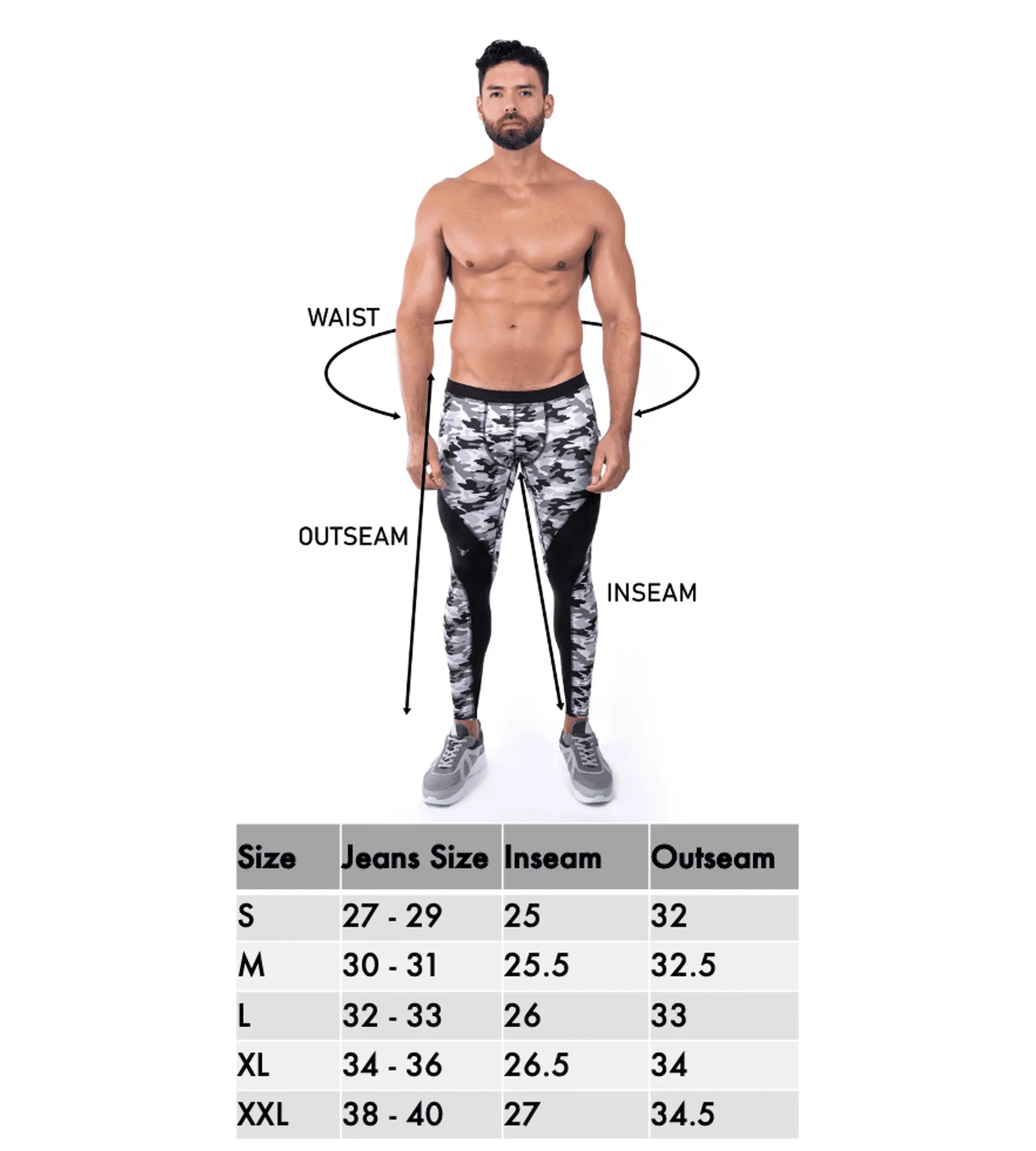 Men's black camo leggings, lightweight fabric, fitted style, perfect for activewear, available in sizes S-XXL.