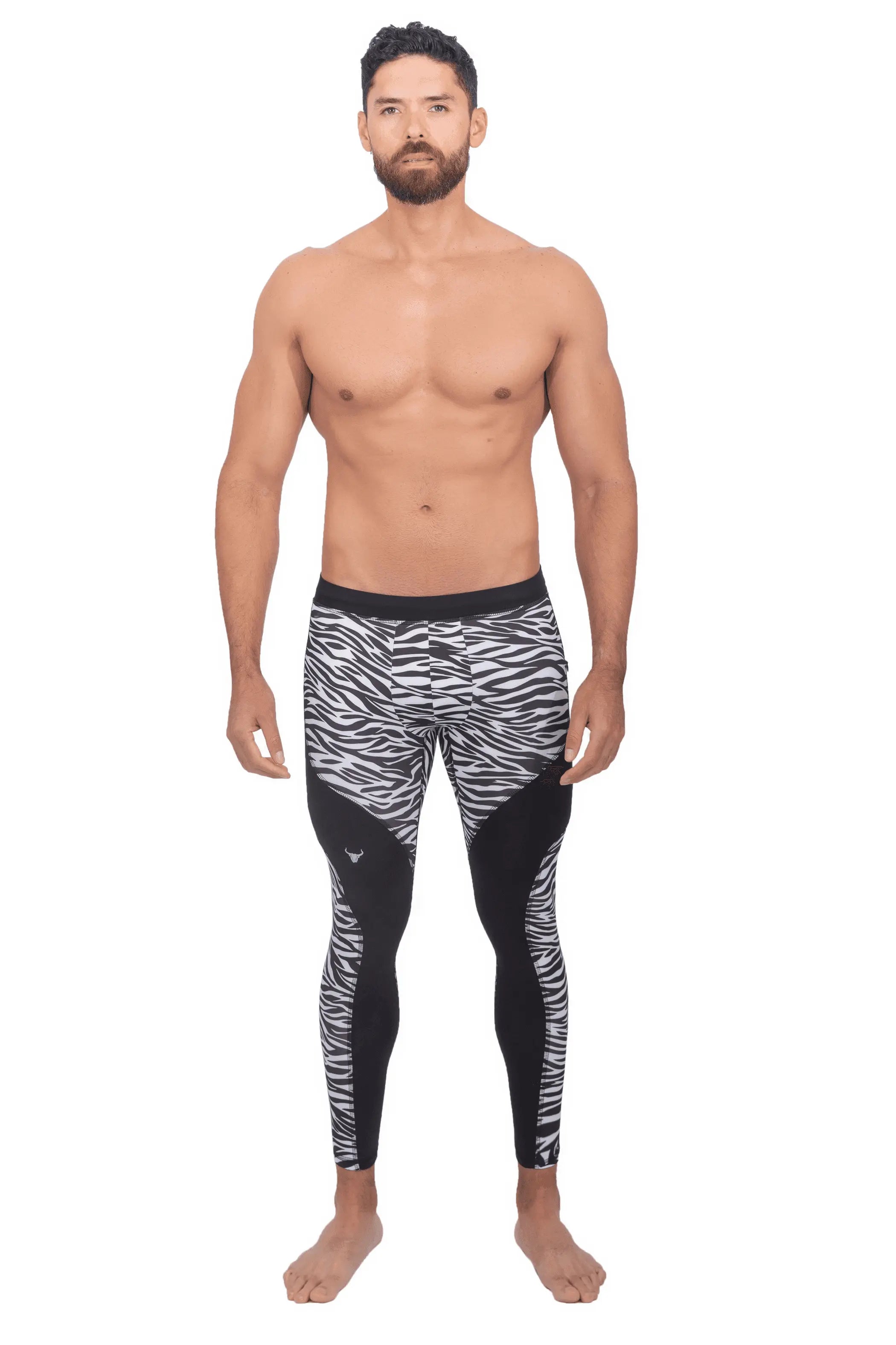Men's zebra print leggings in black and white, made from stretchy polyester for active wear and performance.