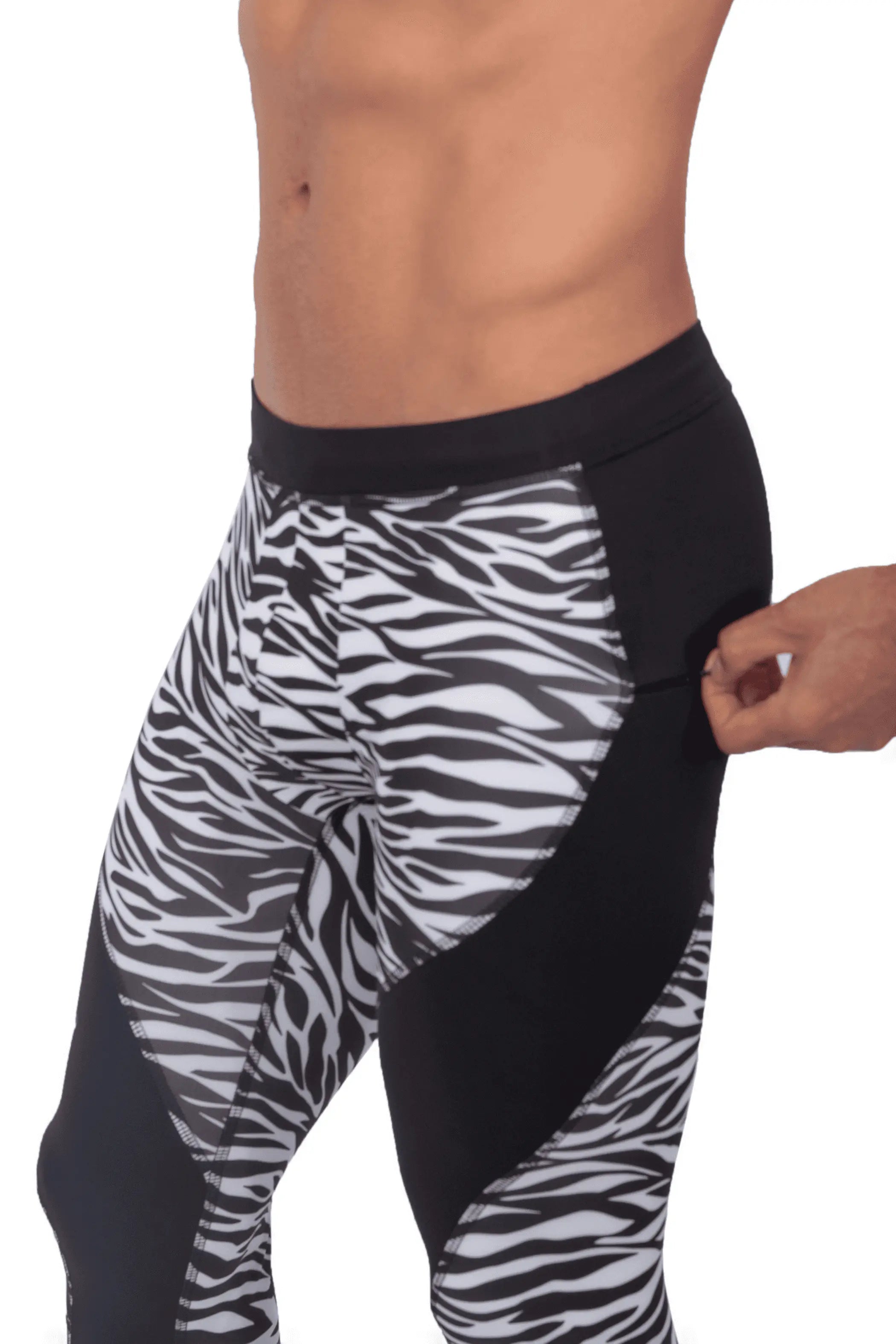 Men's zebra print leggings in black and white, featuring a sleek design and pocket detail for convenience.