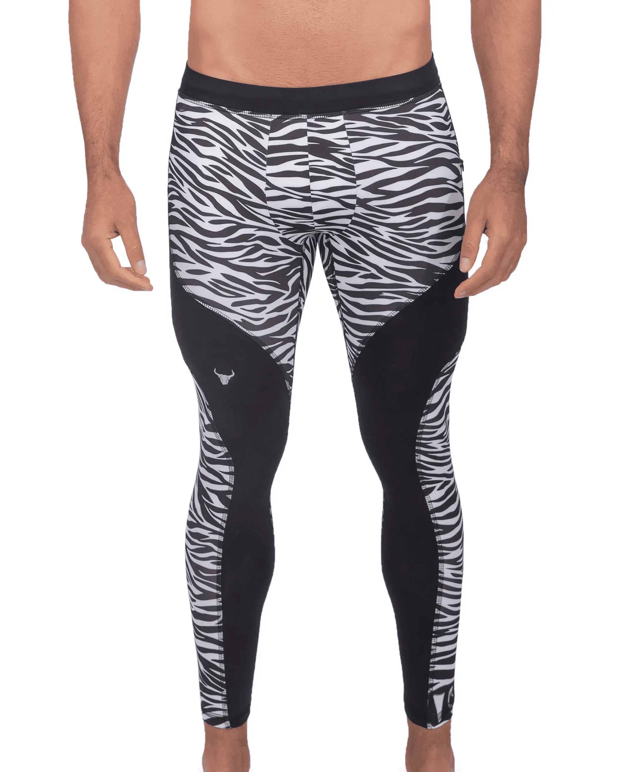 Men's zebra print leggings in black and white, featuring a sleek, athletic fit and breathable material for workouts.