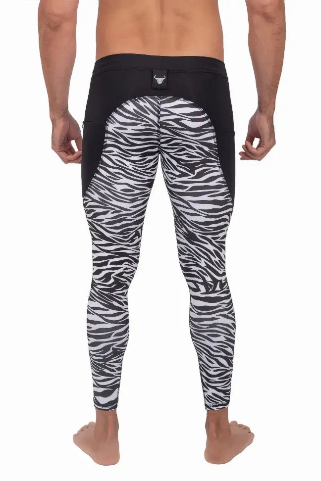 Men's black and white zebra print leggings, stylish athletic fit, made from stretchy polyester, perfect for workouts.