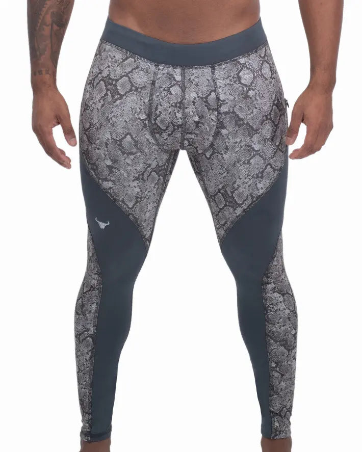 Men's grey snake print leggings with black accents, made from breathable, moisture-wicking material. Perfect for workouts.