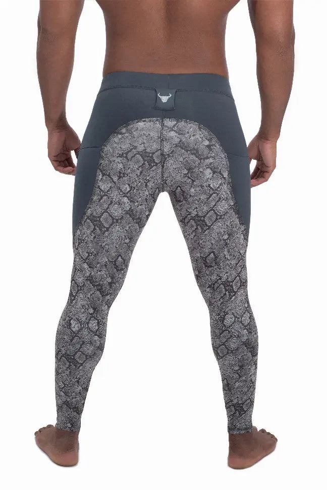 Men's gray snake-print leggings, featuring a textured design and made from breathable, stretchy material for comfort.