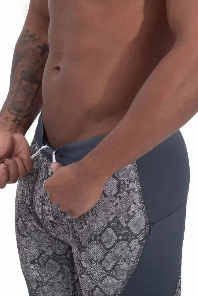 Men's gray snake print compression shorts with adjustable waistband, perfect for workouts and casual wear.
