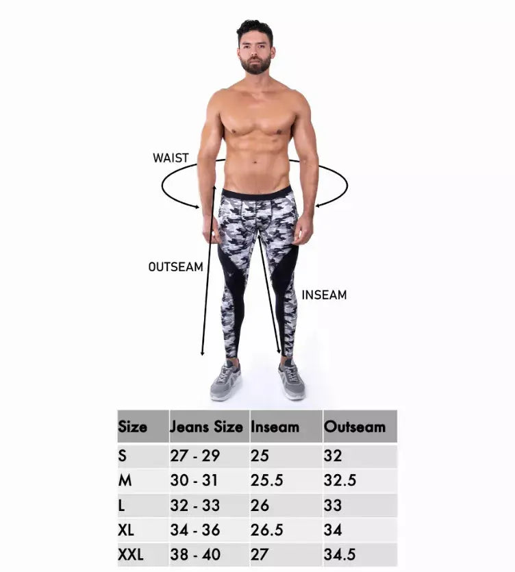 Men's camouflage leggings in black and gray, made from moisture-wicking fabric, perfect for workouts or casual wear.