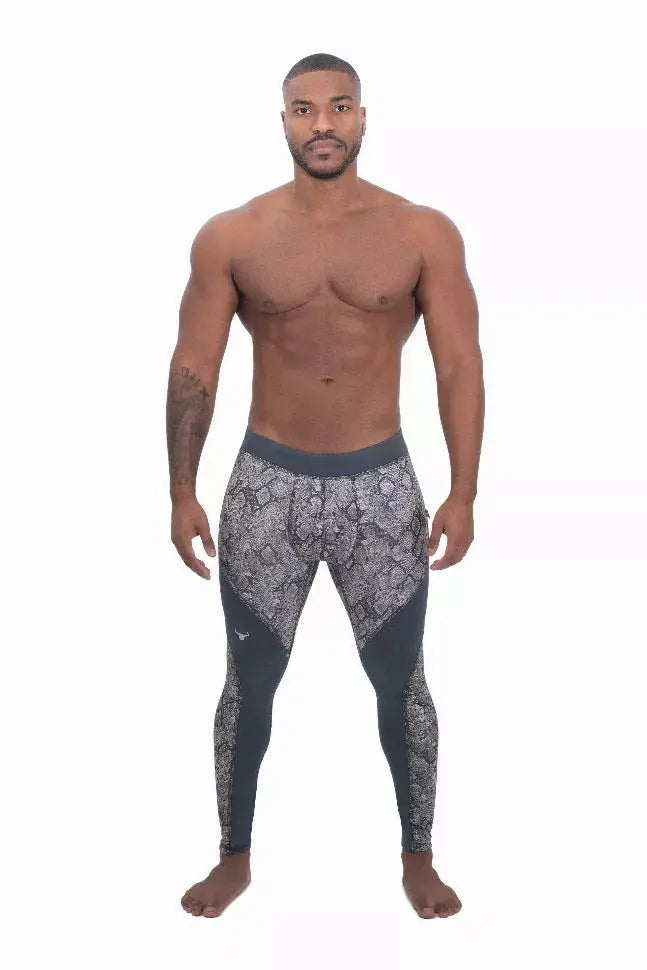 Men's snake print workout leggings in black and gray, made from stretchy, breathable fabric for optimal performance.