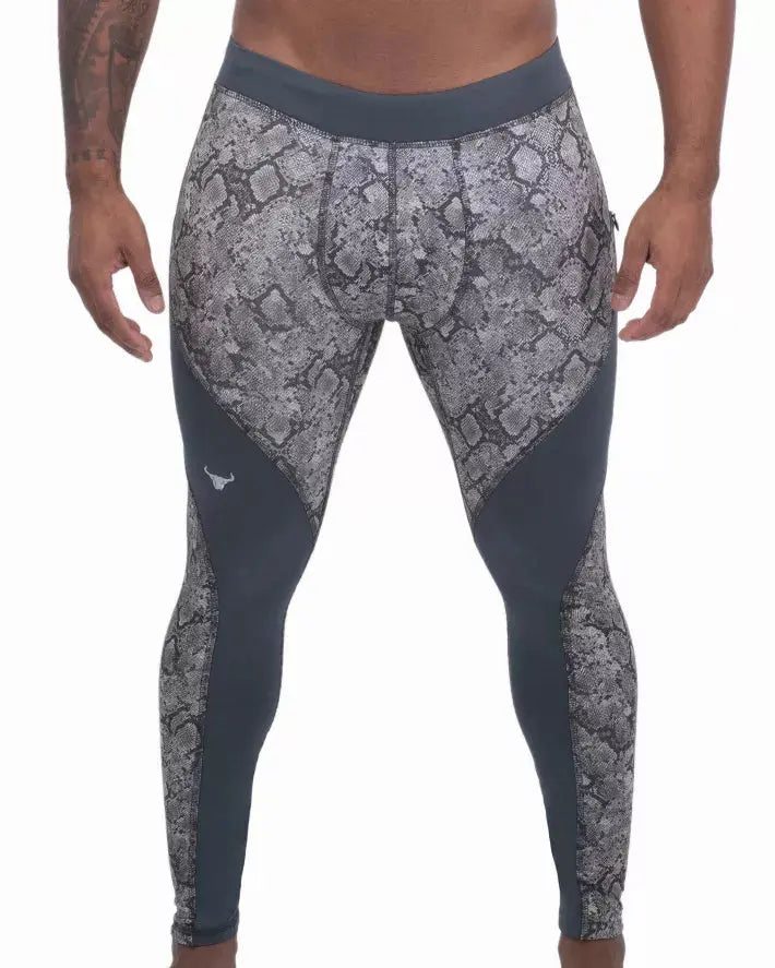 Men's gray snake print leggings in breathable fabric, ideal for workouts and activewear.