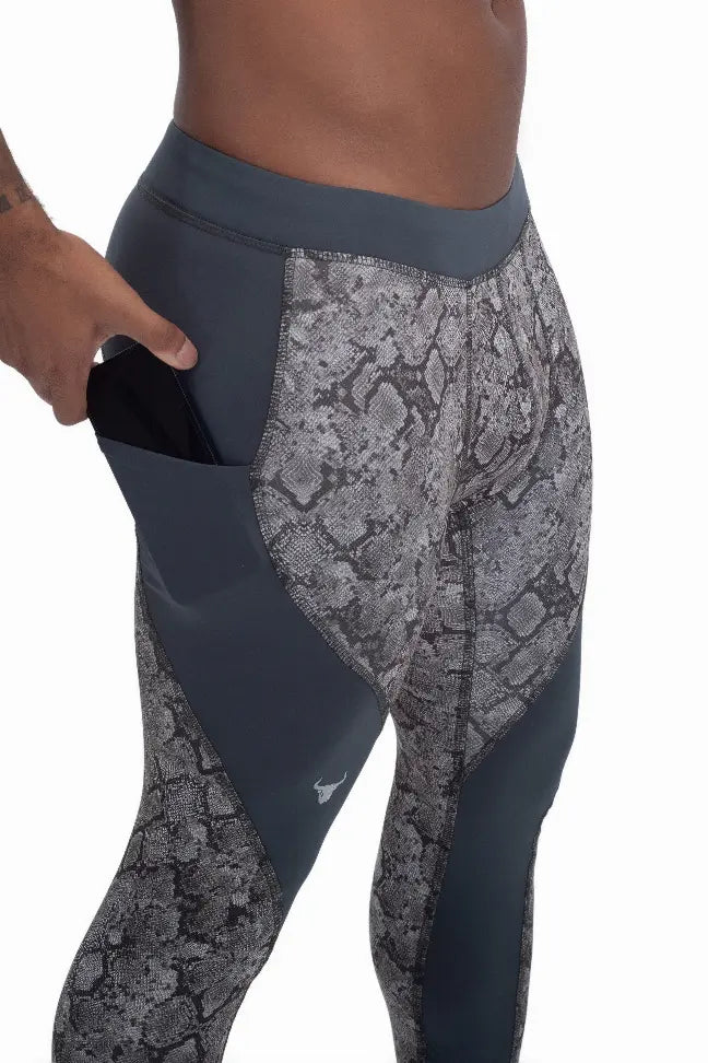 Men's snake print leggings in gray and black with a side pocket, perfect for workouts and casual wear.