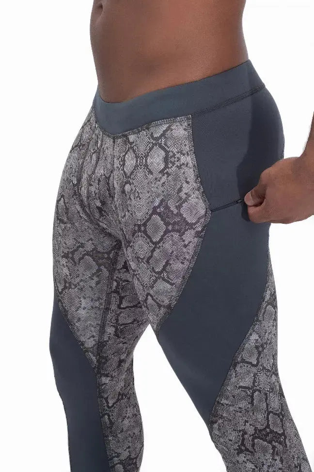 Gray and snake print high-waisted leggings, made from stretchy material, perfect for workouts and athleisure wear.