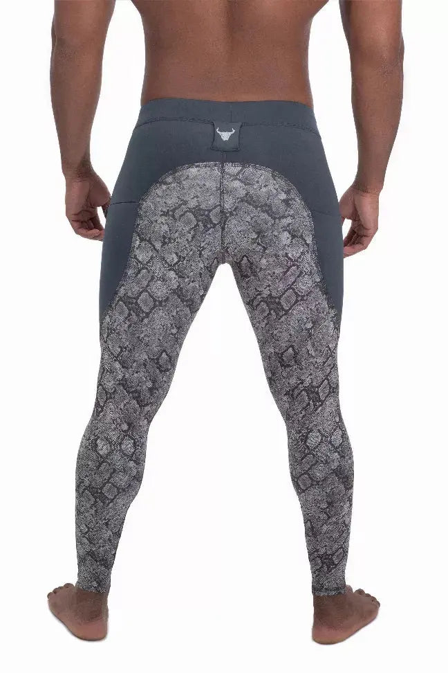 Men's snake print leggings in gray, featuring a sleek design and comfortable fit for workouts and active wear.