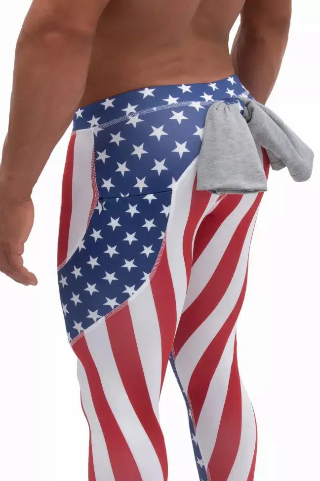 Men's patriotic leggings featuring red and white stripes with blue and white stars, ideal for workouts and casual wear.