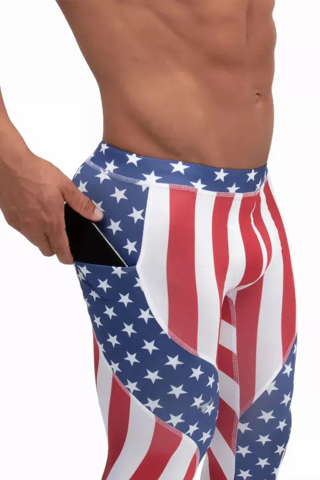 Men's patriotic leggings with red and white stripes and blue star print, featuring a side pocket for convenience.