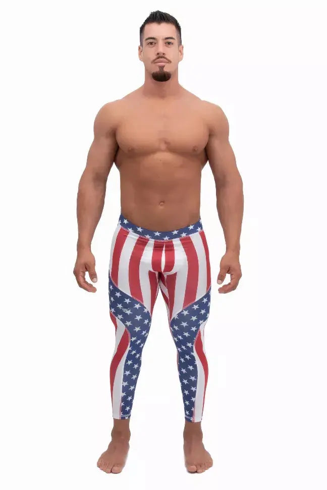 Men's patriotic leggings featuring red and white stripes with blue stars, crafted from lightweight, stretchy fabric.
