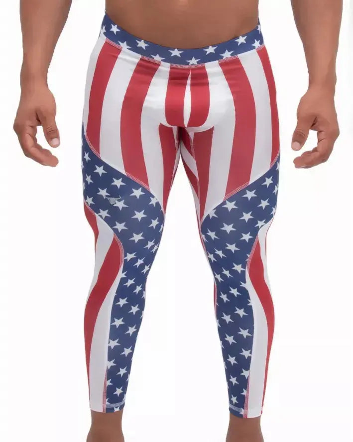 Men's patriotic compression leggings featuring red and white stripes with blue star patterns, ideal for activewear.