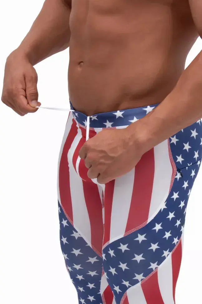 Red, white, and blue stars and stripes leggings for men, perfect for patriotic workouts or casual wear.