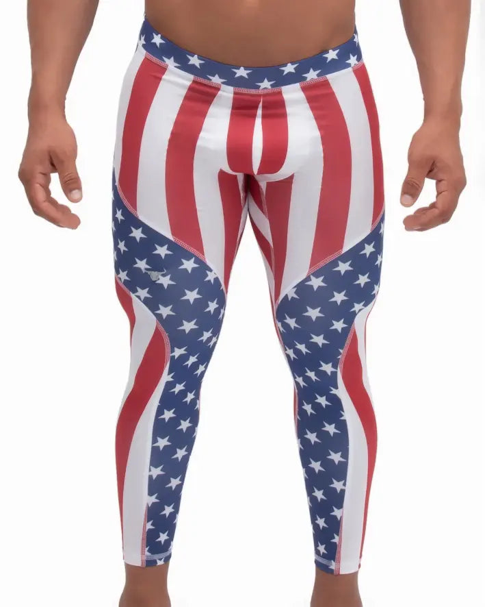 Men's patriotic leggings featuring red, white, and blue star and stripe design, made from stretchy, moisture-wicking fabric.