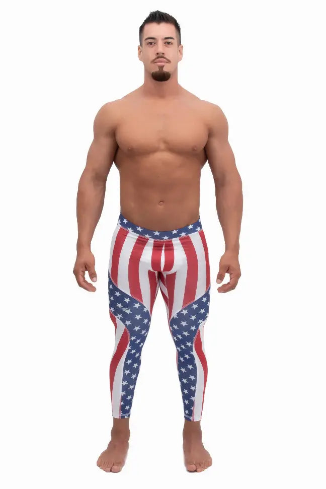 Men's patriotic leggings featuring red and white stripes with blue stars, made from durable stretch fabric.