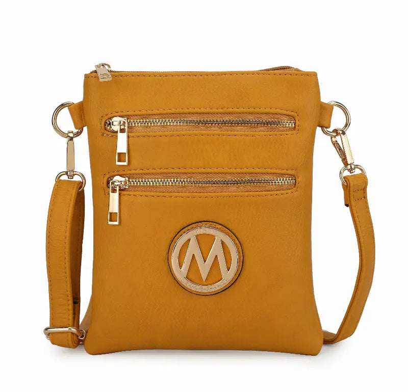 Mustard yellow faux leather crossbody bag with gold zippers and logo, stylish and functional for daily use.