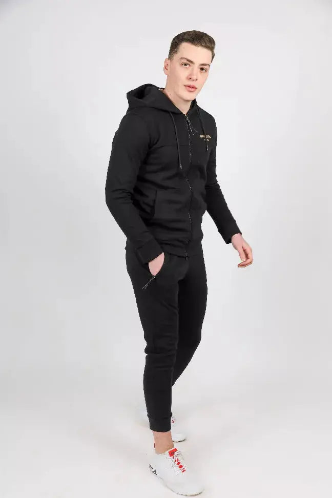 Men's black hoodie and jogger set, slim fit, lightweight cotton blend, stylish casual wear for everyday comfort.