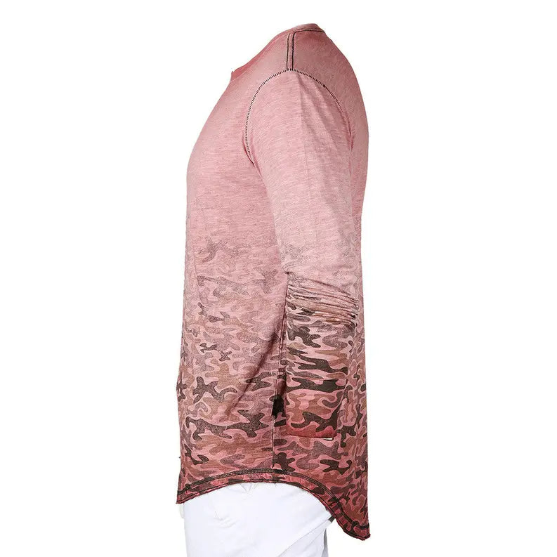 Men's Long Sleeve Camouflage Longline Round Bottom Oil Wash T-shirts Zimego Apparel
