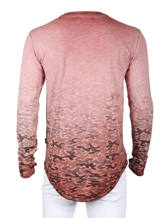 Men's Long Sleeve Camouflage Longline Round Bottom Oil Wash T-shirts Zimego Apparel