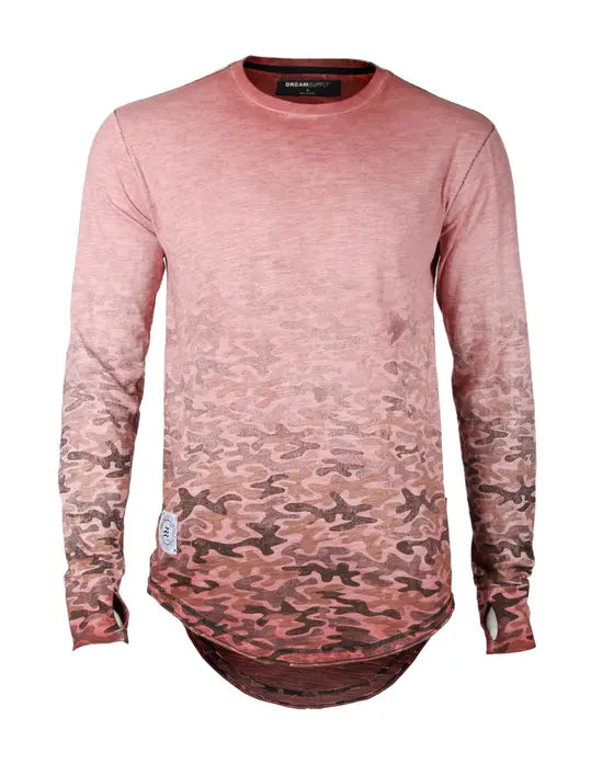 Men's Long Sleeve Camouflage Longline Round Bottom Oil Wash T-shirts Zimego Apparel