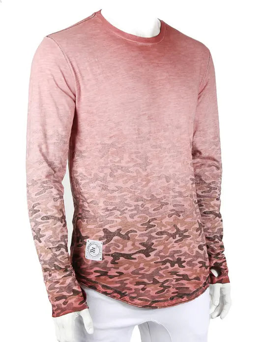 Men's Long Sleeve Camouflage Longline Round Bottom Oil Wash T-shirts Zimego Apparel