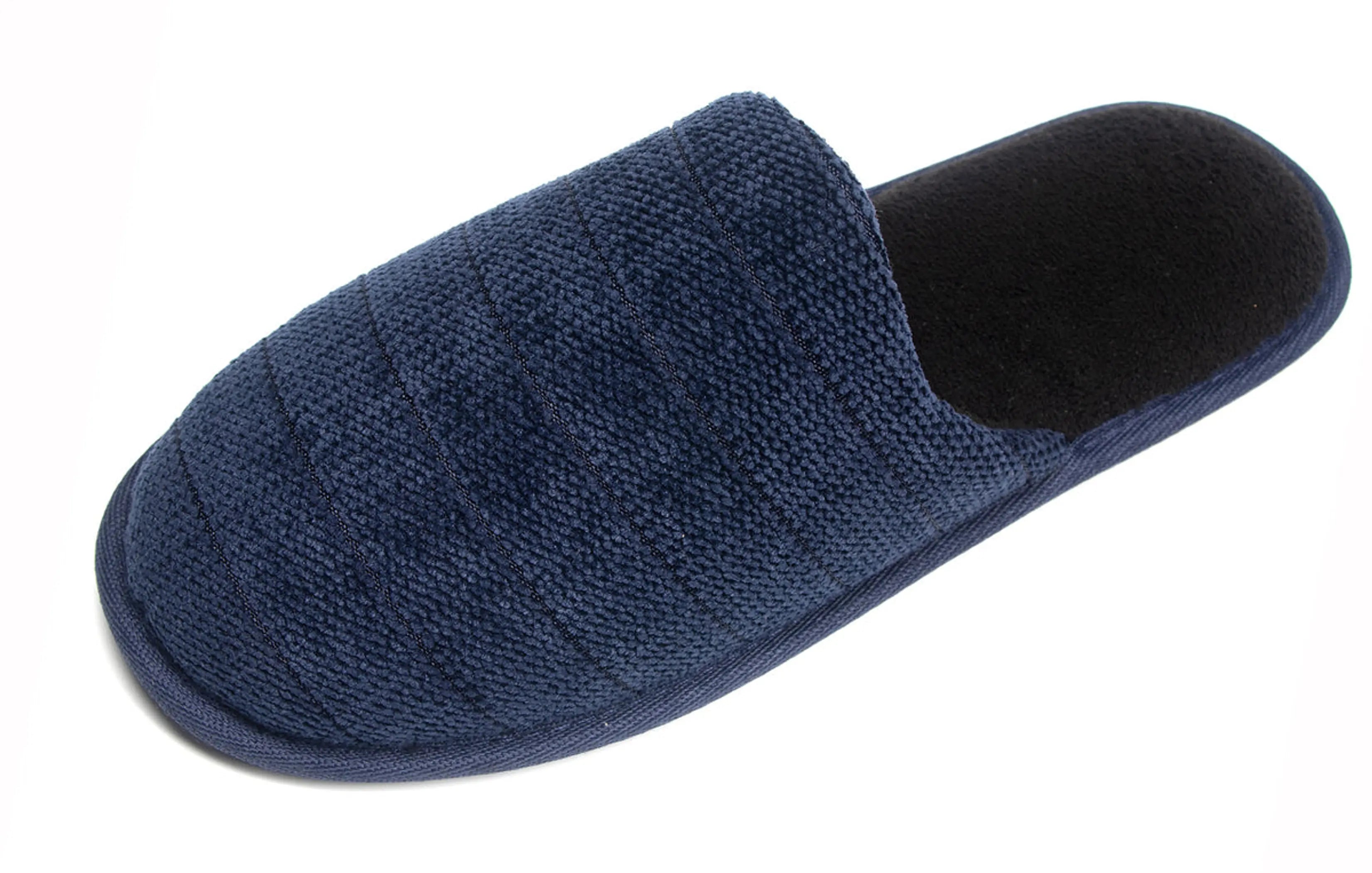 Navy blue woven fabric slipper with a plush black interior, easy slip-on style for ultimate comfort.