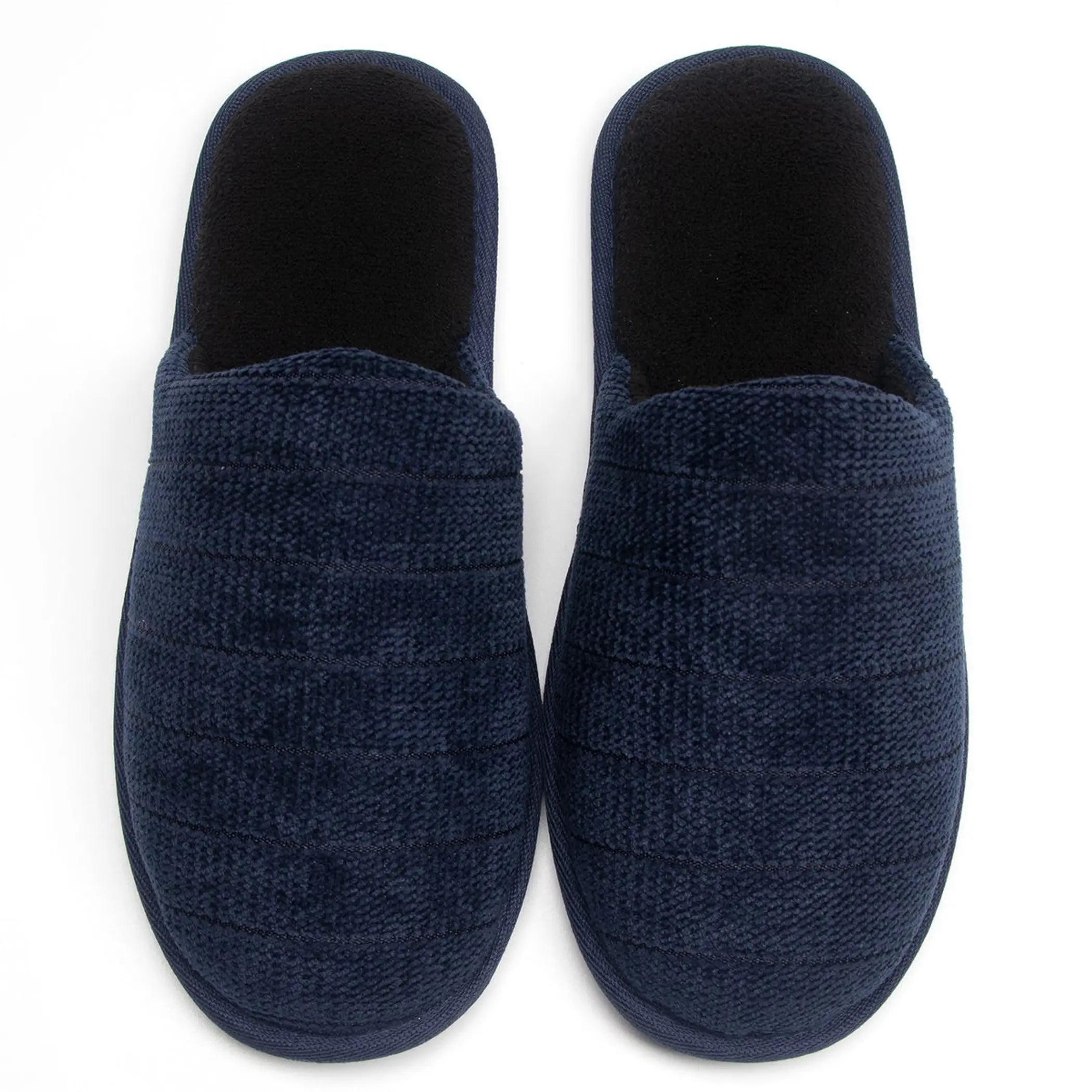 Navy blue plush fabric slippers with soft black lining, perfect for cozy indoor comfort.