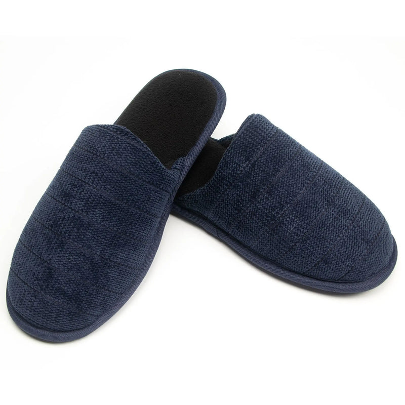 Navy blue soft fabric slippers with quilted design and black interior for comfort and style. Perfect for indoor wear.